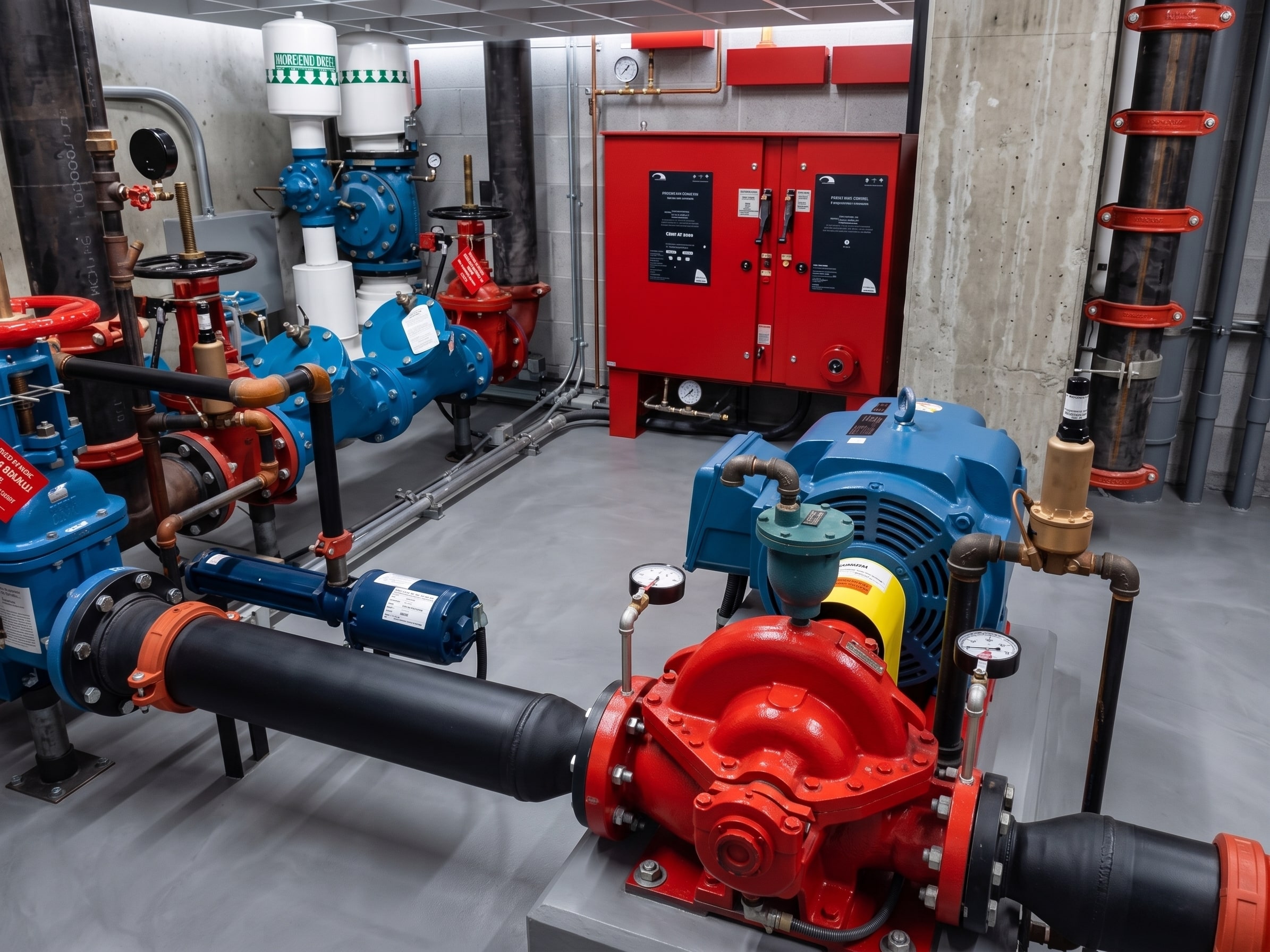 Commercial fire pump system with pumps, piping and fire protection control equipment.