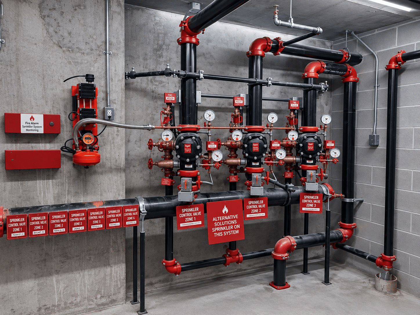 Commercial fire sprinkler control valve system with piping, gauges and alarm monitoring equipment.