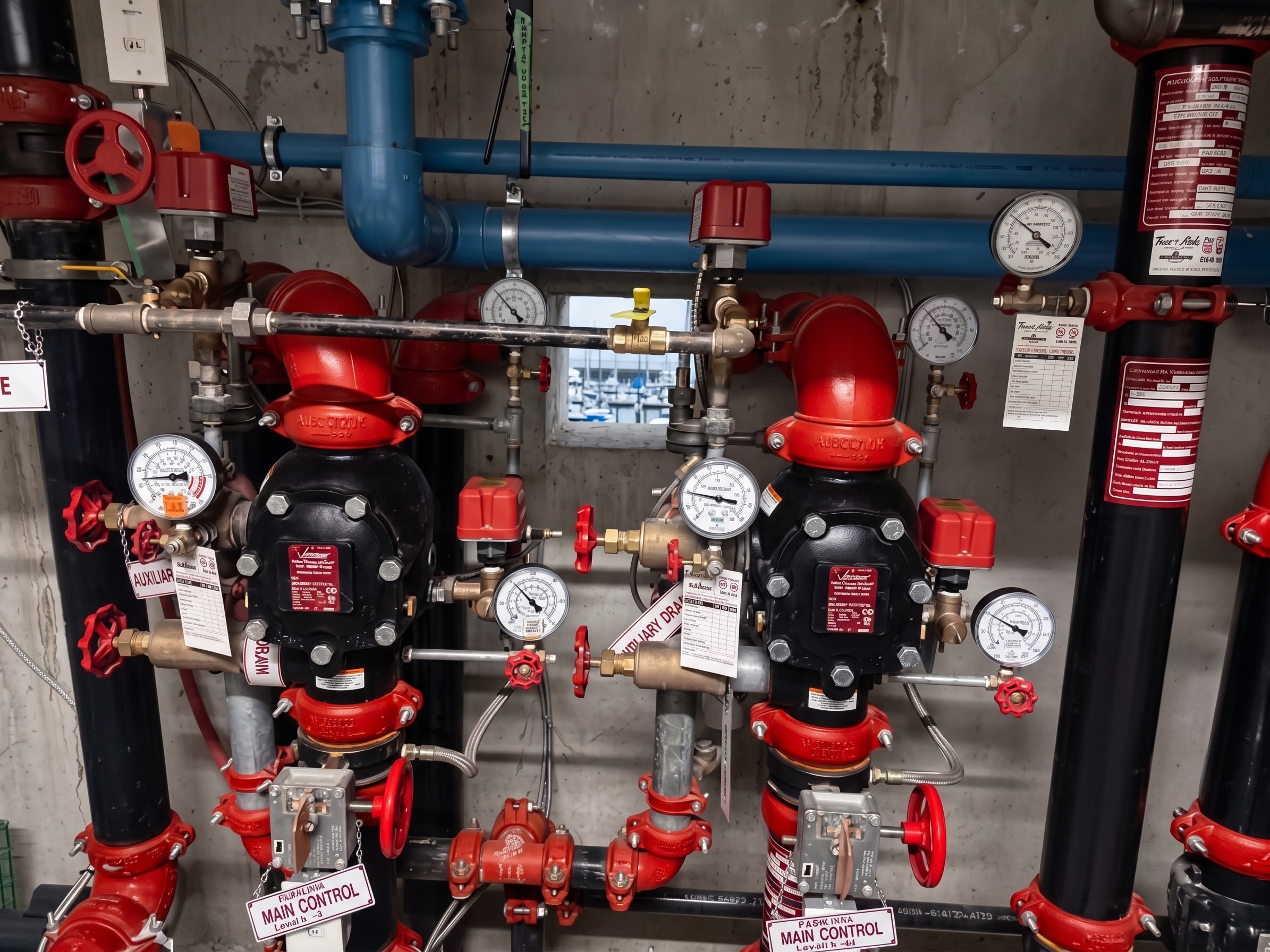 Commercial fire sprinkler valve assembly with control valves, pressure gauges and piping.