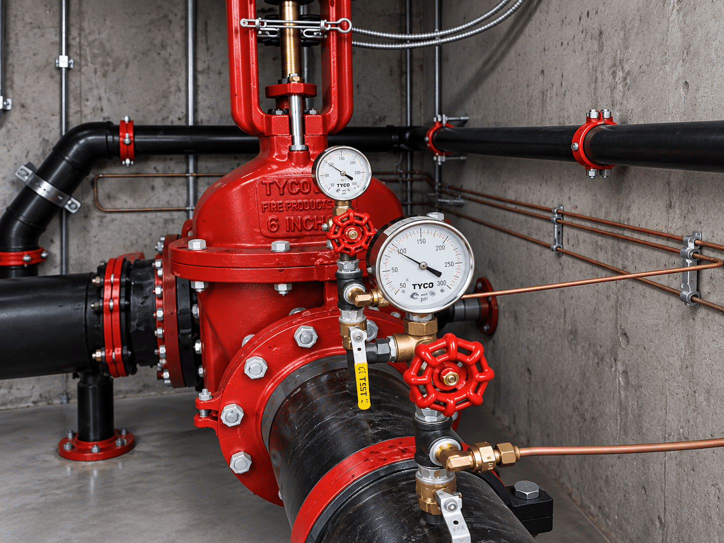 Fire sprinkler control valve with pressure gauges and fire protection piping.