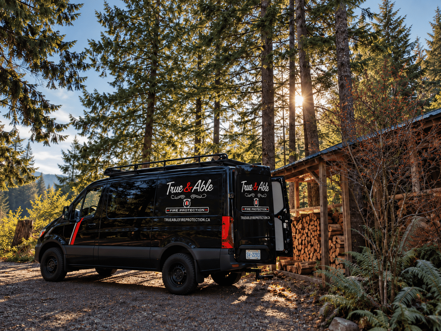 True & Able Fire Protection service van parked at a wooded property on Vancouver Island, BC.